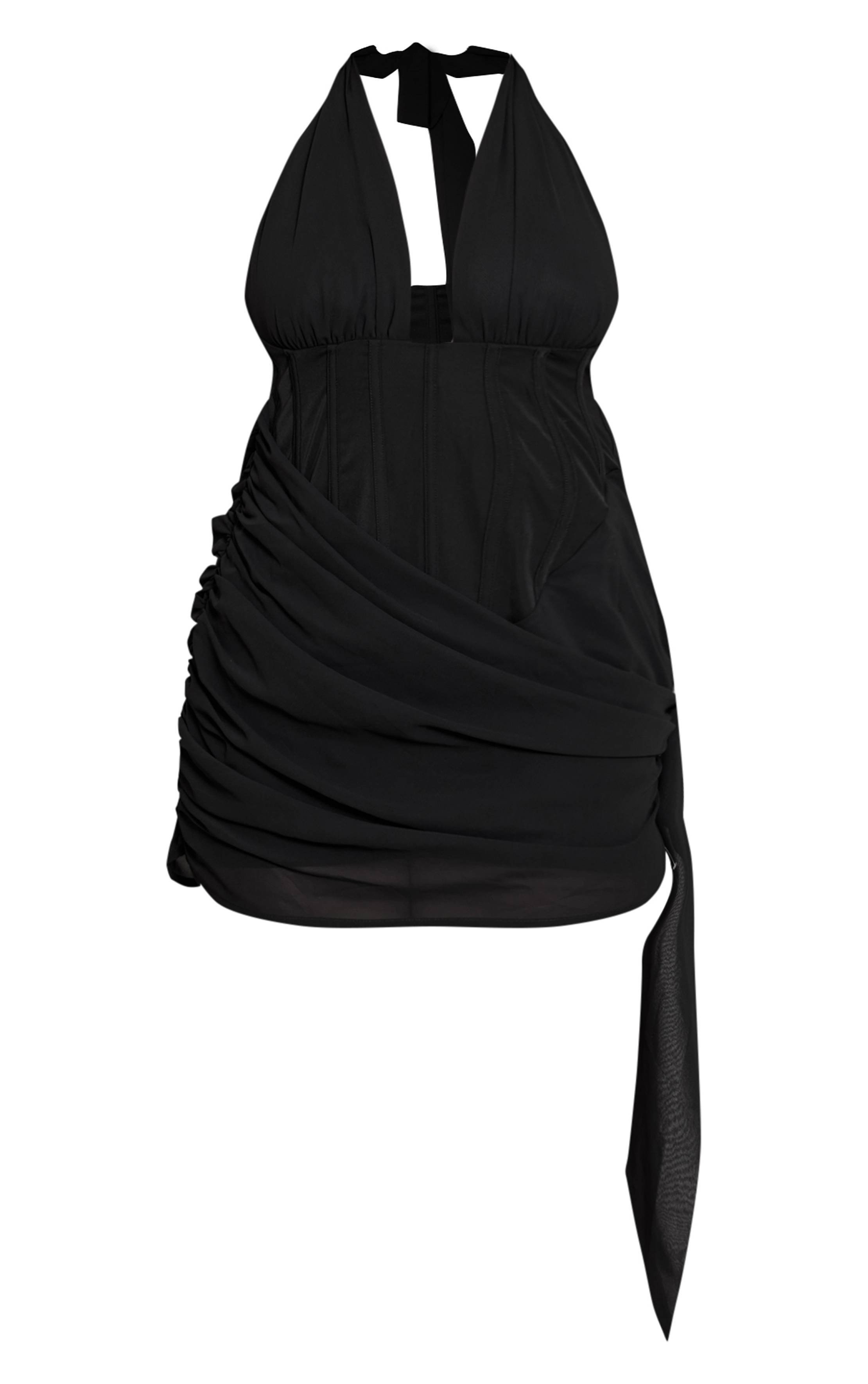 Noir Robe Mini En Mousseline Avec Détails Drapés Et Corset Ajusté
