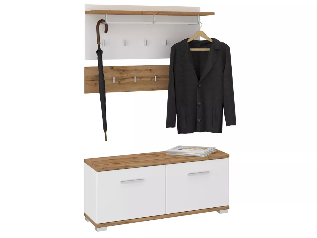 Ensemble banc de rangement à chaussures et porte manteau mural VIELLA en mélaminé couleur chêne wotan et blanc