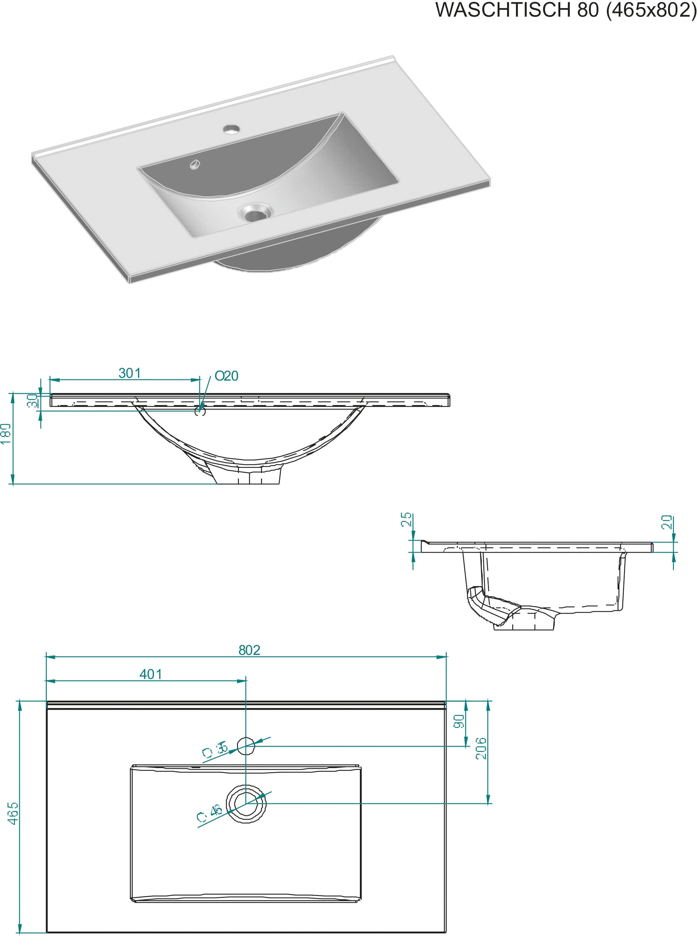 Home affaire Waschtisch »WESTMINSTER, Waschbeckenunterschrank inkl. Waschbecken, Metallgriffe« 1 Stk. tlg. in 2 Farben verfügbar, mit Stauraum, inkl. Waschbecken, Breite 80 cm