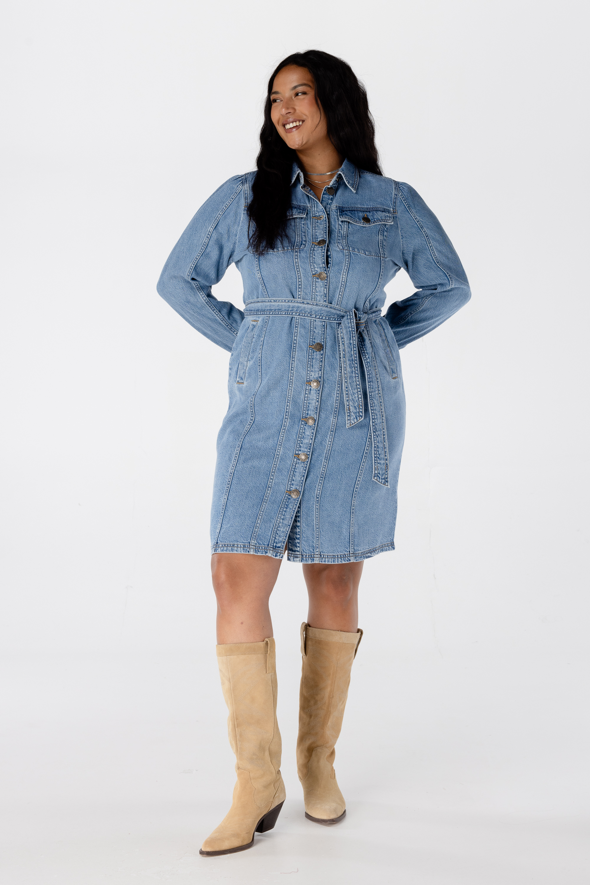 Denim jurk met strikceintuur Stonewash Denim