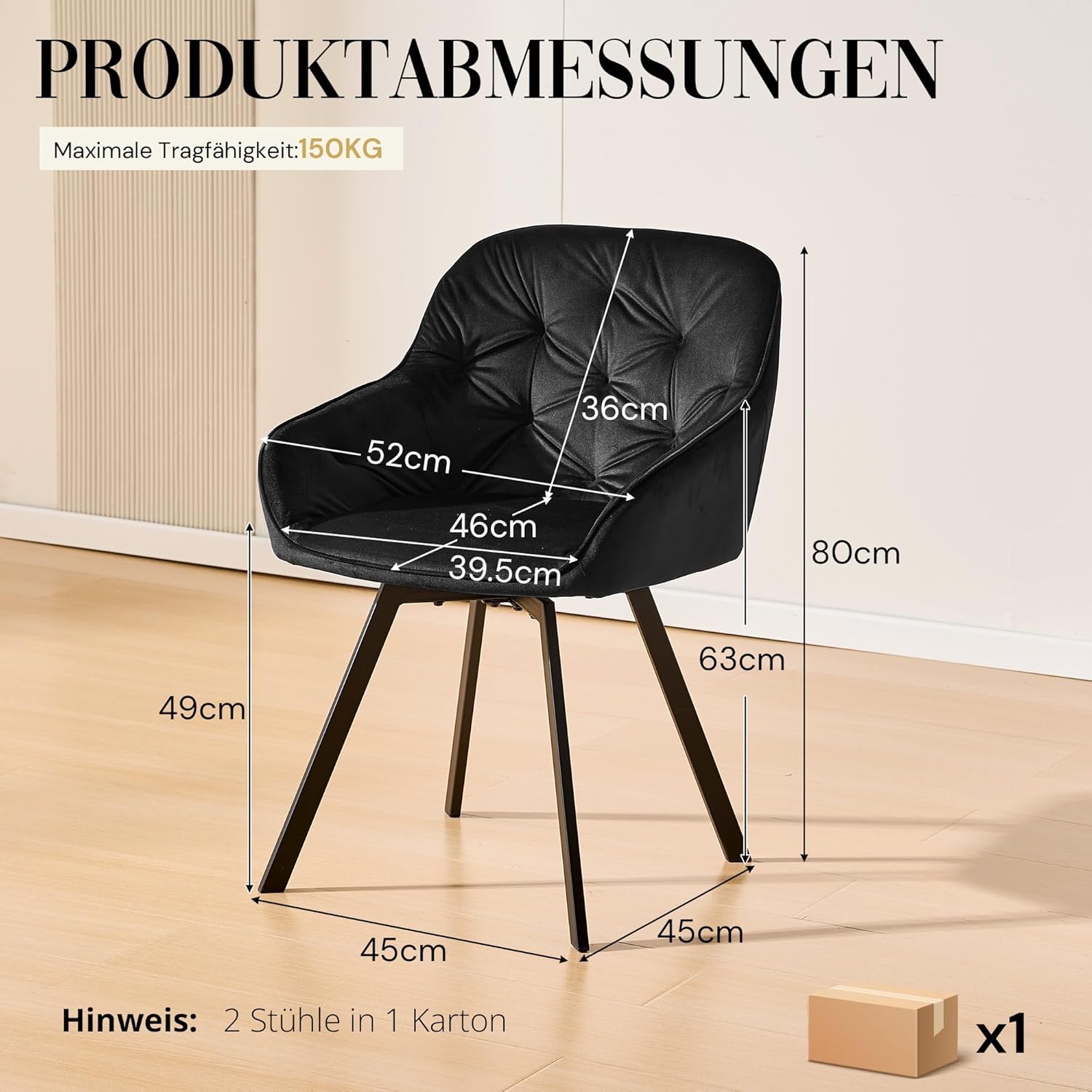 CLIPOP Samt Esszimmerstühle Drehbar 2er Set,Gepolstert Sessel Küchenstuhl mit Armlehne Freizeit Polsterstuhl Bequem Sitz Drehstuhl für Esszimmer Wohnzimmer Esszimmer, (1, Schwarz)