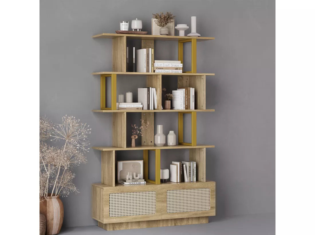 Bibliothèque avec 2 portes en rotin et étagères ouvertes - 105 x 31,7 x 160 cm - Panneaux de particules et métal - Chêne
