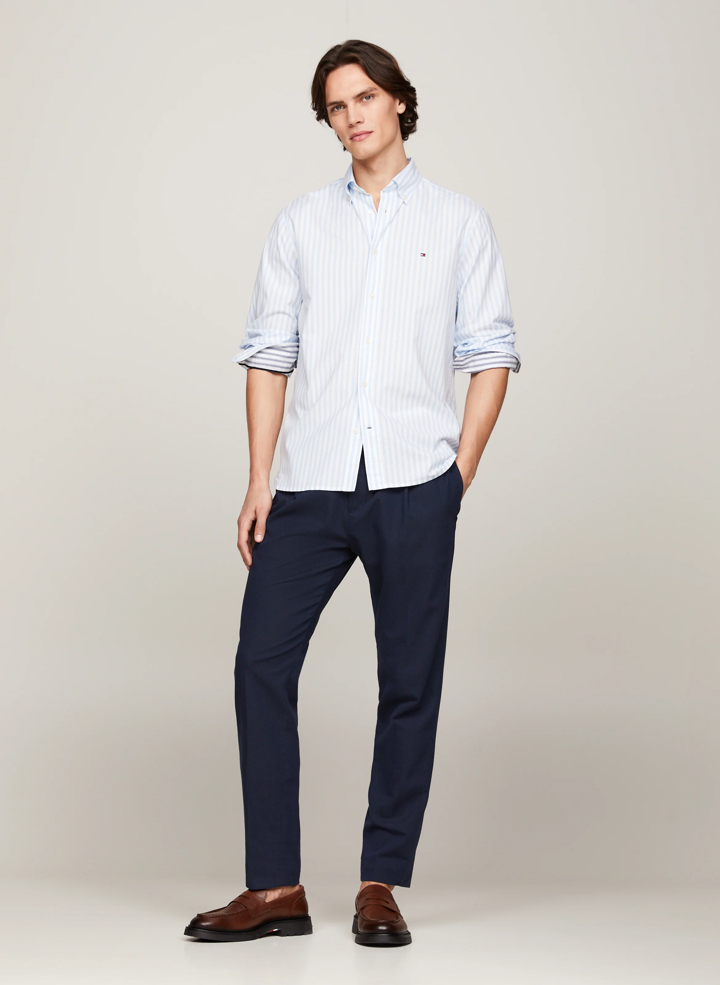 Chemise col américain en coton bio mélangé | Bleu