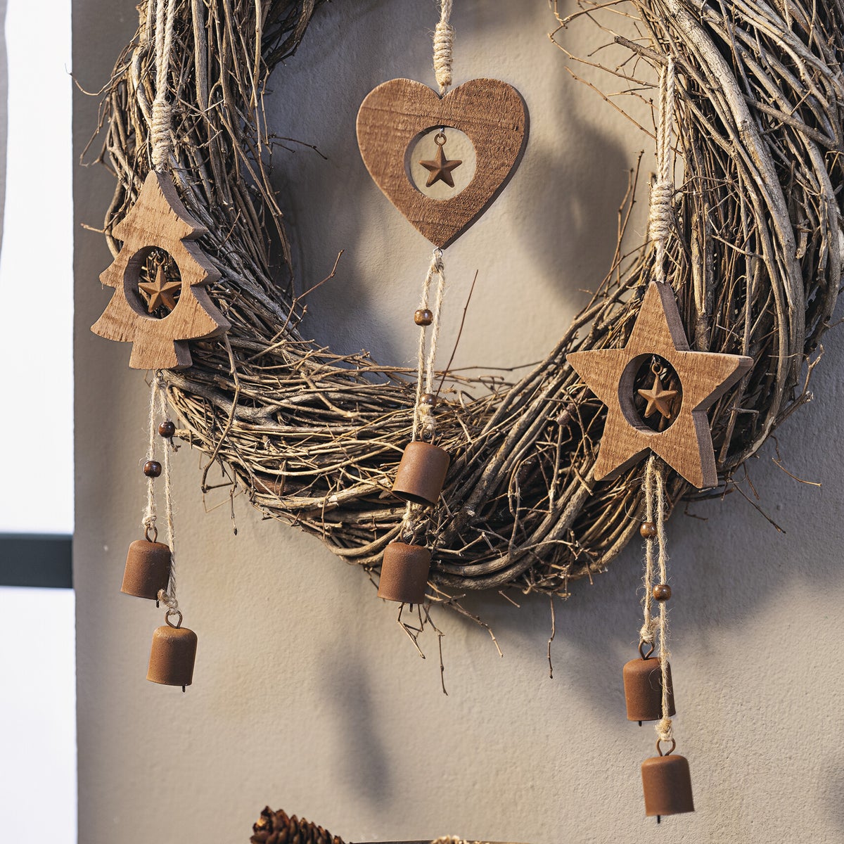 FRANK FLECHTWAREN | Houten belhangers, set van 3, hoogte: 40 cm, hout, metaal, sisal