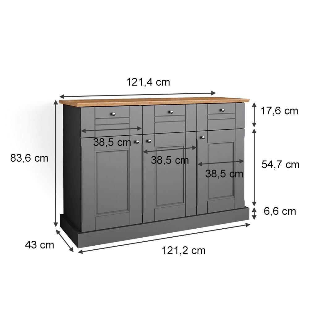 Vicco Sideboard Kommode Mehrzweckschrank Bergamo Grau Eiche Wohnzimmer Schrank 121x87 cm Vintage Ablage Schublade Schranktür Anrichte Wohnzimmermöbel