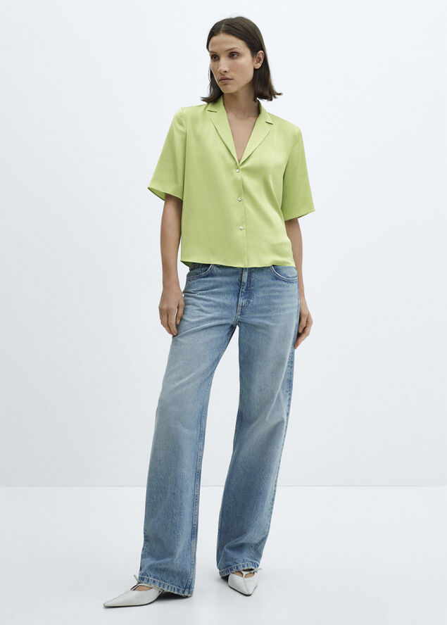 MANGO Short-sleeved satin shirt Green
