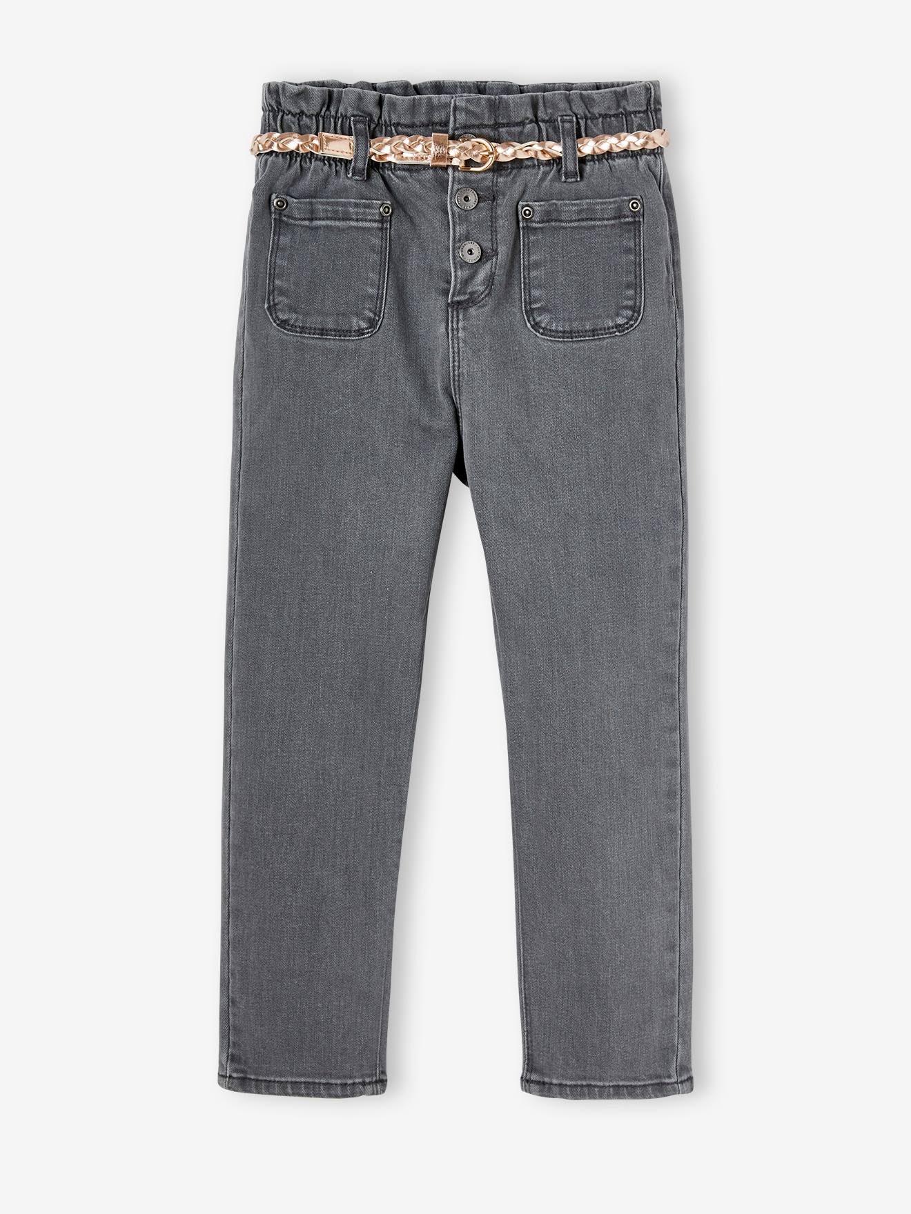 Calça jeans estilo paperbag para meninas e cinto trançado cinza claro lavado