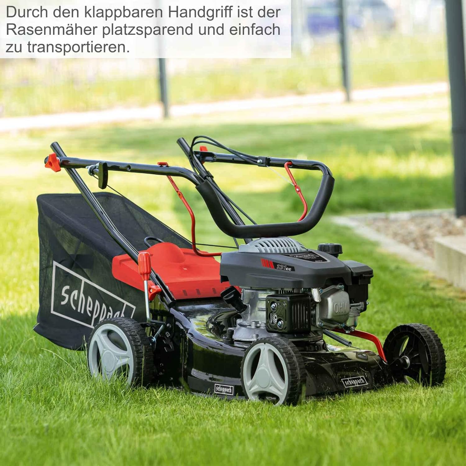 Scheppach Benzin Rasenmäher MP132-42 | Schnittbreite 42cm | 3,3 PS | Stahlgehäuse | Reinigungsfunktion | 45 Liter Fangkorb | Höhenverstellung in 7 Stufen (25-75mm) | inkl. Motoröl