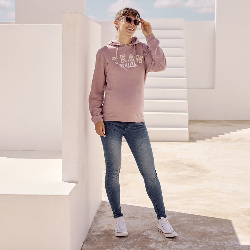 Sweat de grossesse et d'allaitement à zip et patchs bouclettes
