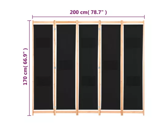 Cloison de séparation 5 panneaux Noir 200 x 170 x 4 cm Tissu