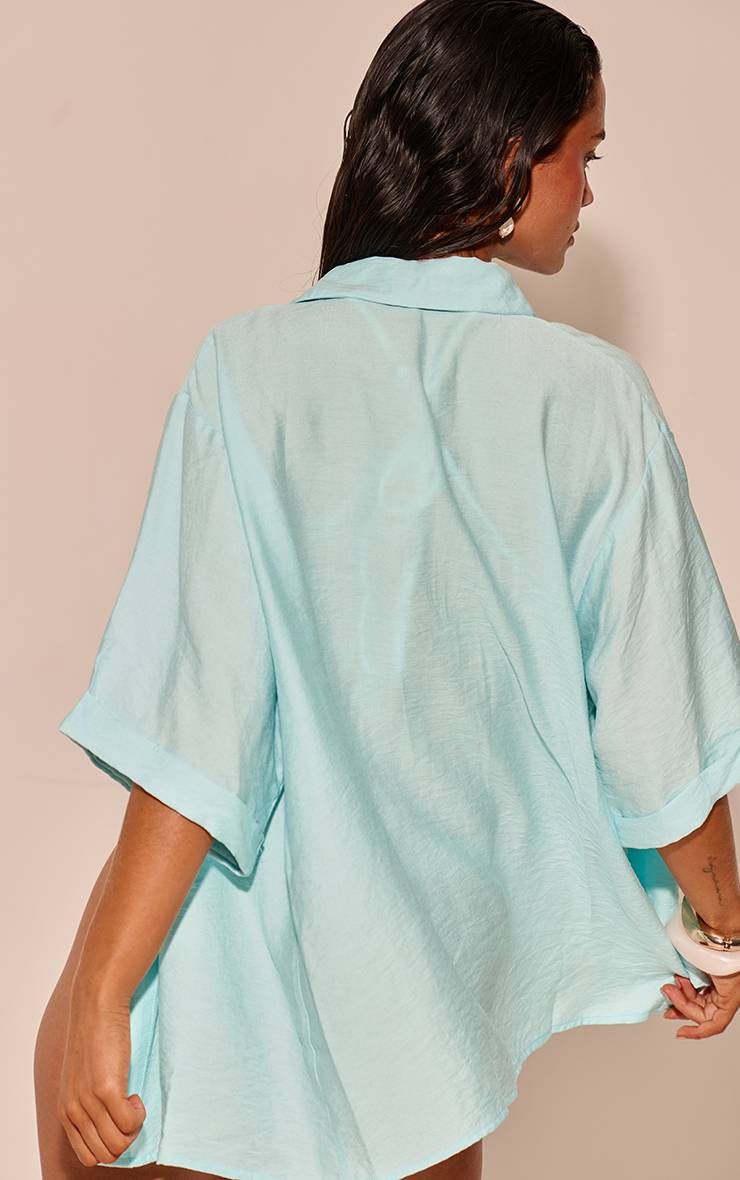 Bleu Aqua Chemise De Plage À Épaules Tombantes Aspect Lin