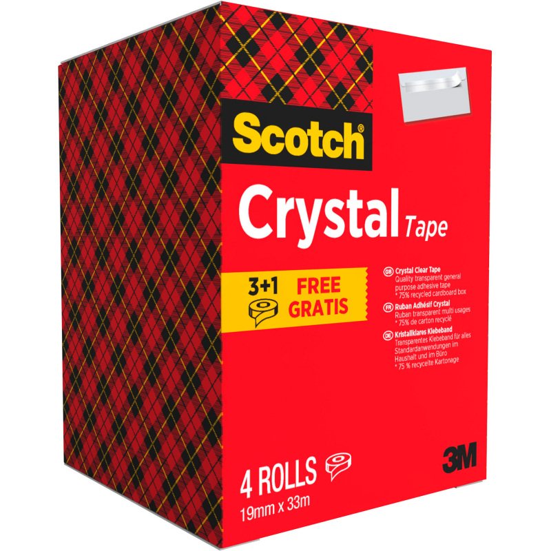 Pack 3 rubans adhésifs Scotch Crystal transparent 33 m + 1 OFFERT