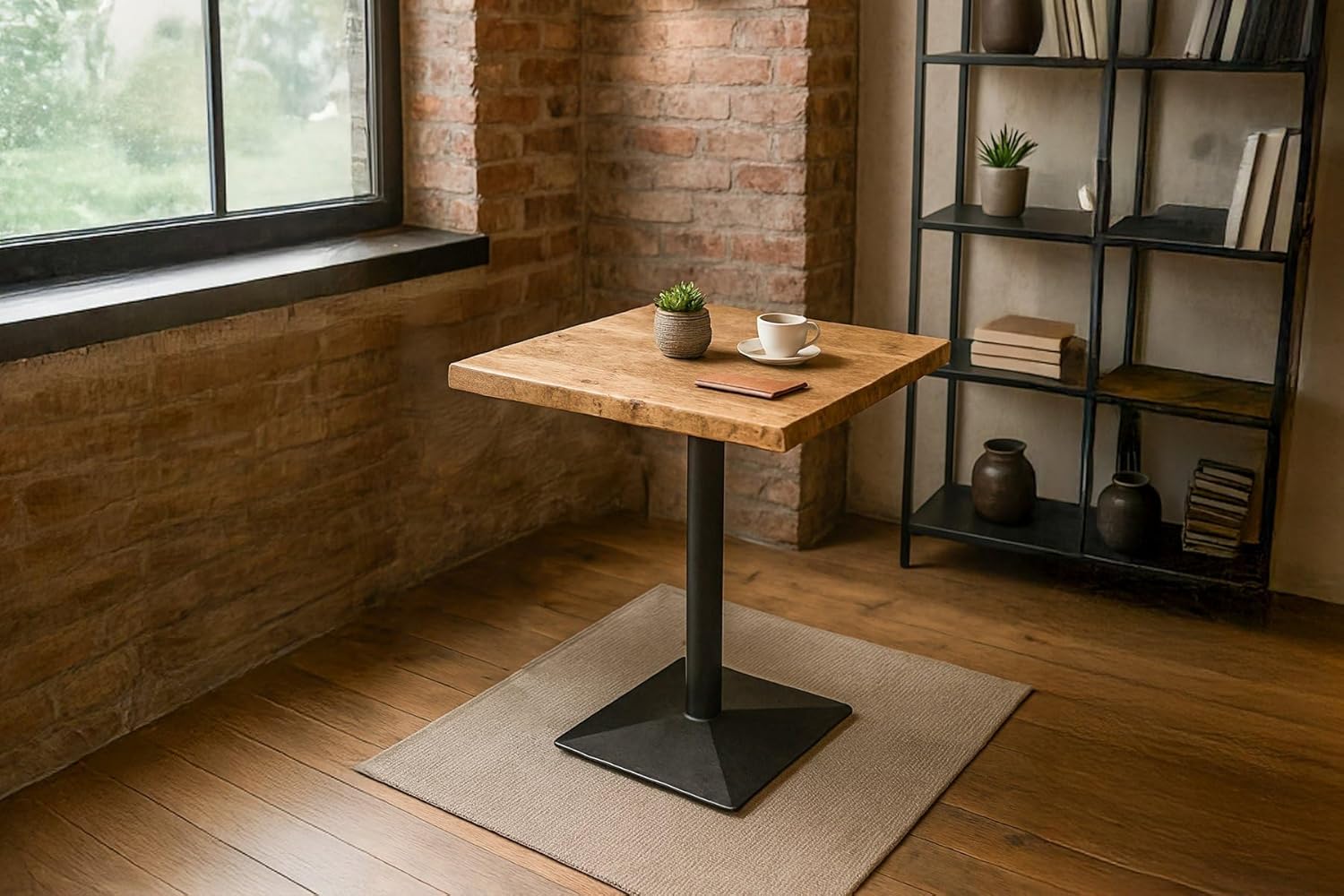 SAM Bistrotisch INES | 60 x 60 cm | Akazienholz massiv | Farbe: Natur | echte Baumkante | Säulen-Gestell Metall Schwarz | Baumkantentisch/Säulentisch/Esstisch für Küche, Café & Essbereich