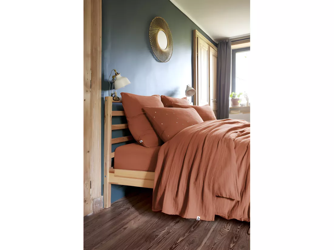 Parure de draps Gaze de Coton - Gaïa Terracotta - 4 pièces 1 Drap plat 240 x 300 + 1 Drap housse 160 x 200 + 2 Taies 60 x 60