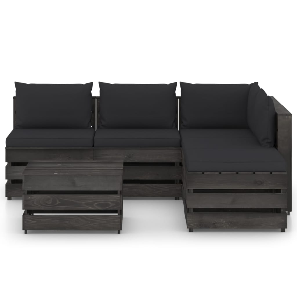 Salon de jardin meuble d'extérieur ensemble de mobilier 6 pièces avec coussins bois imprégné de gris