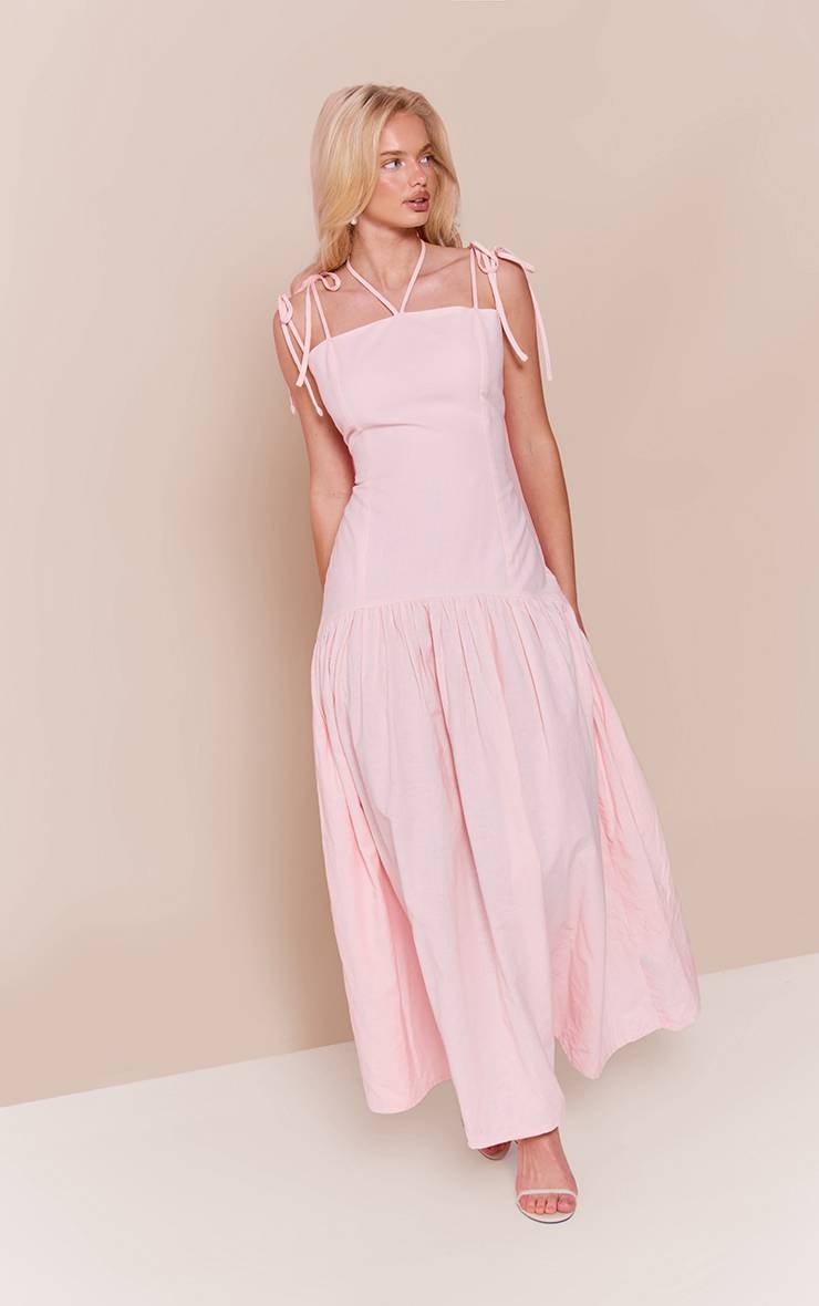 Rose Bébé Robe Maxi À Taille Basse Effet Lin Avec Bretelles Fines