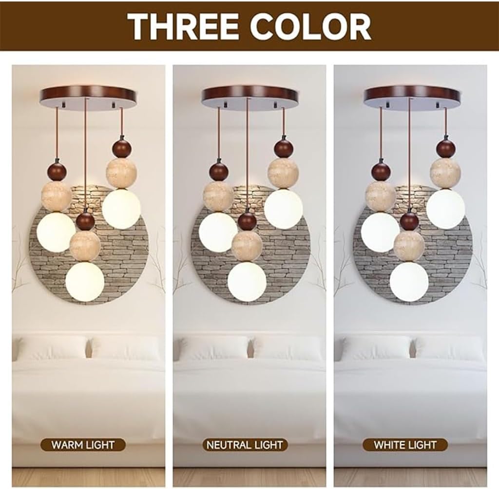 Wabi Sabi 3-Licht Pendelleuchte Travertin Stein Einbau Japandi Japanischer Nordischer Stil Sphärische Holz Kronleuchter Für Kücheninseln Esszimmer Wohnzimmer(B)