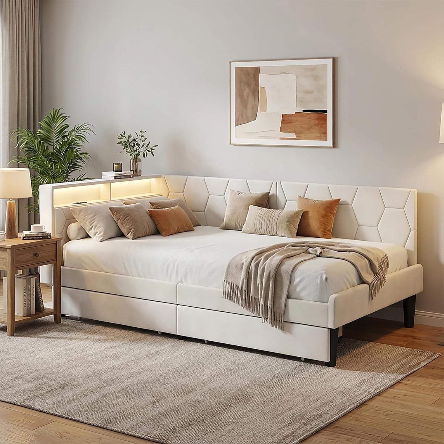 Polsterbett 140x200,doppelbett mit Lattenrost,Verformbares Funktionsbett mit Stauraum Kopfteil,Bettgestell 140x200,tagesbett mit 2 Schubladen,ohne Matratze (Beige, 140x200cm)