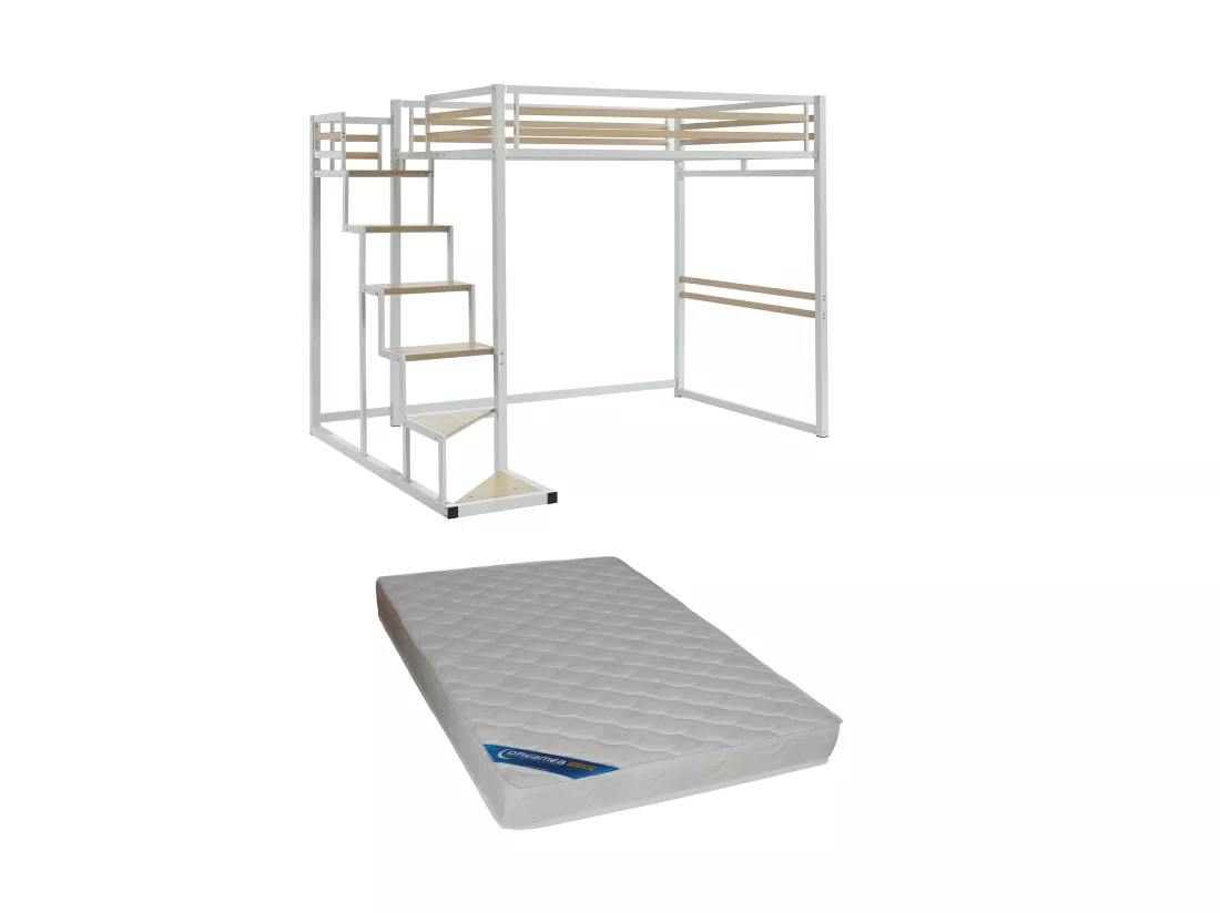 Lit mezzanine 140 x 200 cm - Métal et MDF - Blanc + Matelas - JOGUI