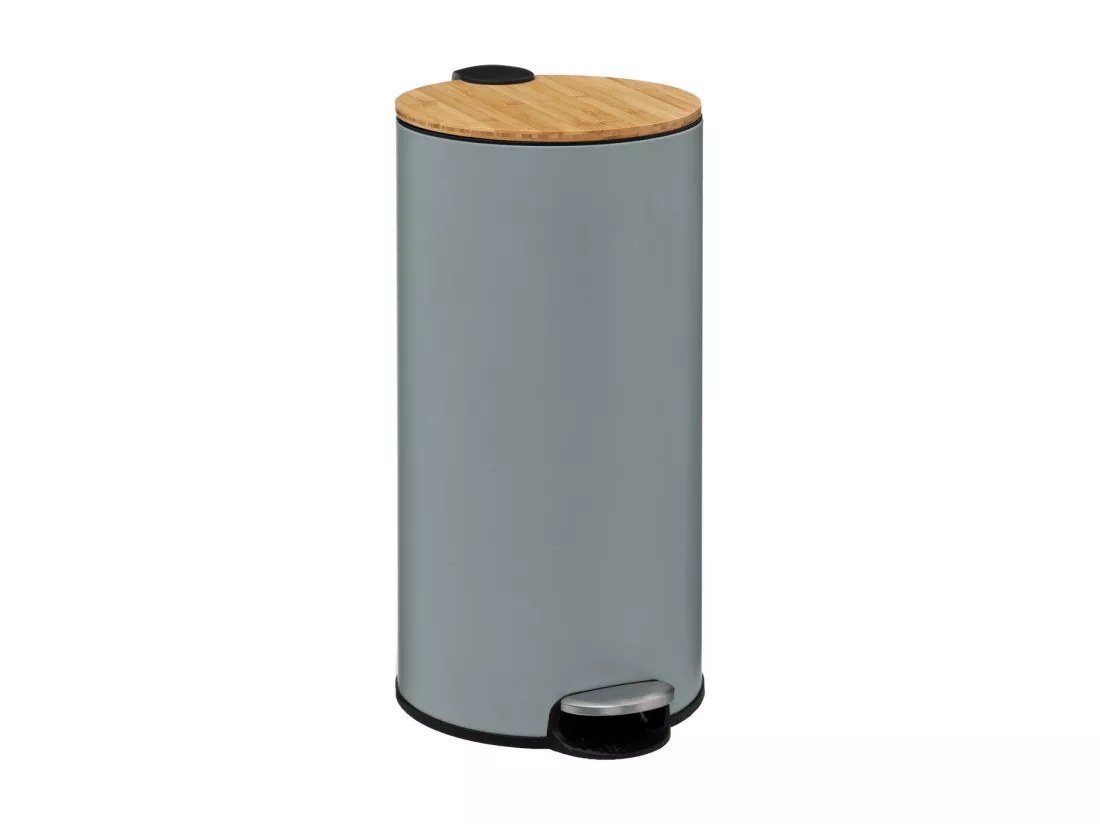 Poubelle 30 Litres en Métal Gris et Couvercle en Bambou