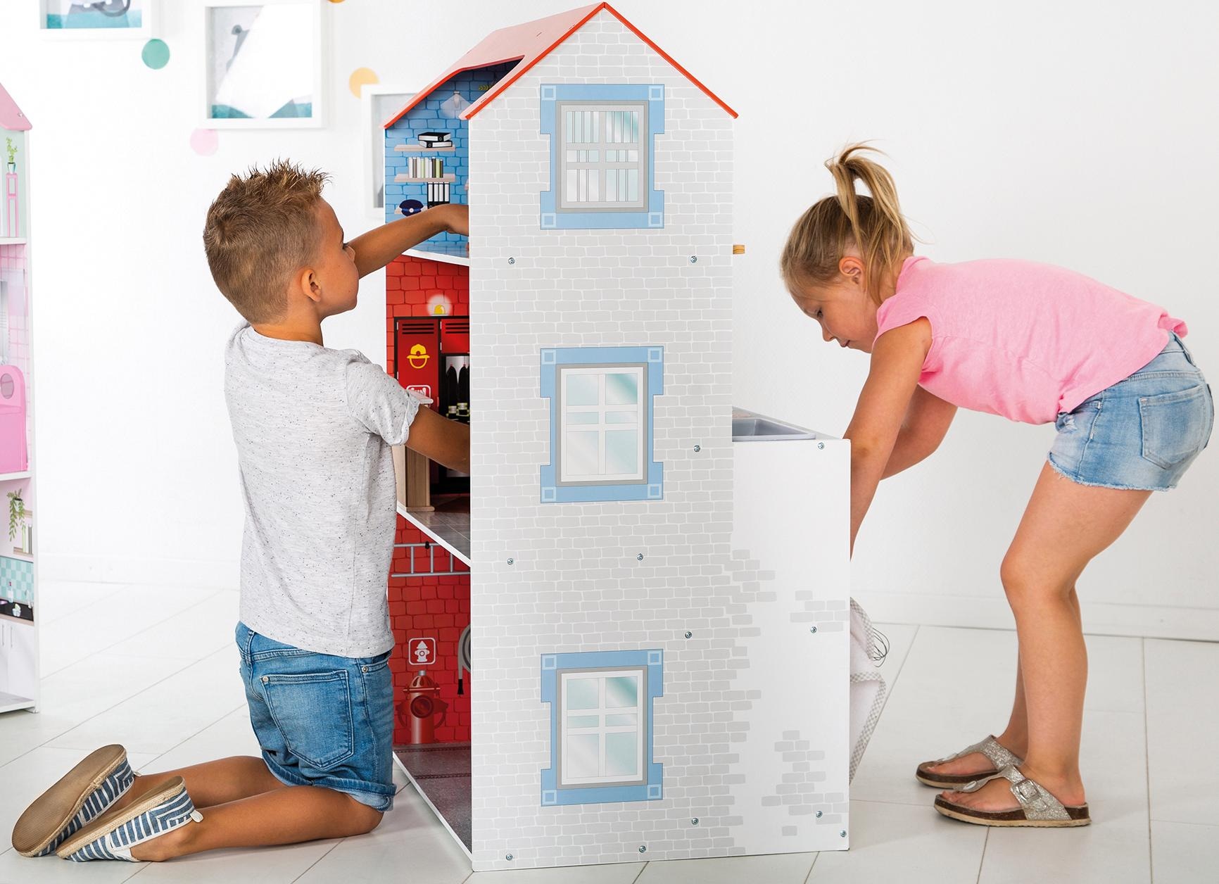 roba® Spielküche »2-in-1, Feuerwehr« mit mehrstöckigem Puppenhaus