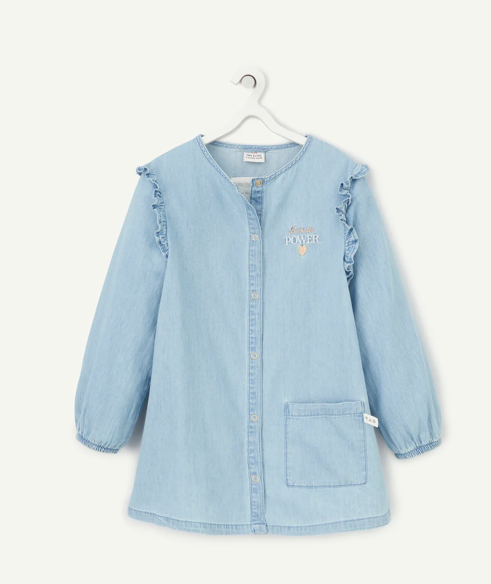TABLIER FILLE EN COTON EFFET DENIM BLEU PRESSIONNÉ
