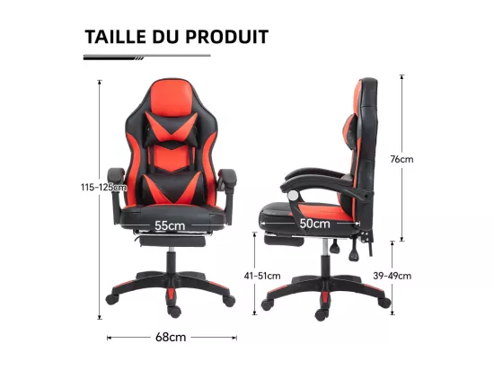 Fauteuil de gaming réglable avec repose-pied, coussin de tête et coussin lombaire - noir et rouge