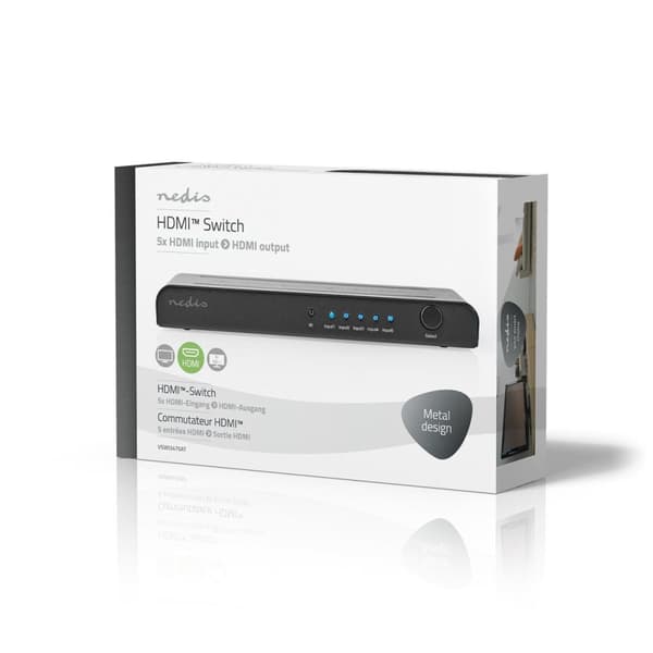 Nedis HDMI ™ Switch | 5-Port port(s) | 5x HDMI™ Inngang | 1x HDMI ™ -utgang | 4K@60Hz | 18 Gbps | Fjernstyrtkontrolert | Metall | Antrasitt
