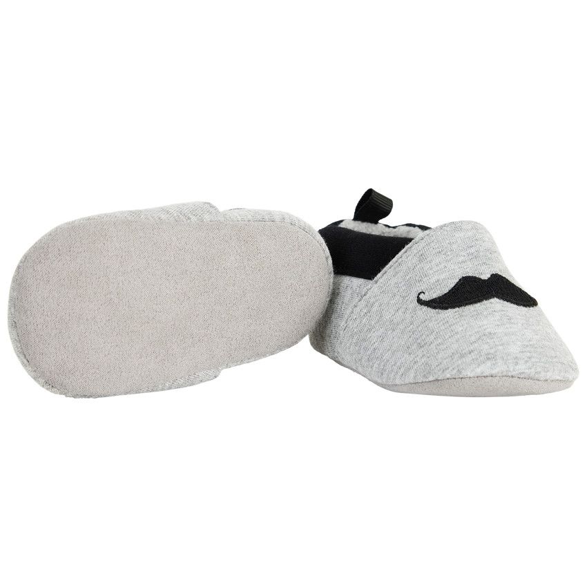 Chaussons souples broderie moustache pour bébé garçon - Gris chiné
