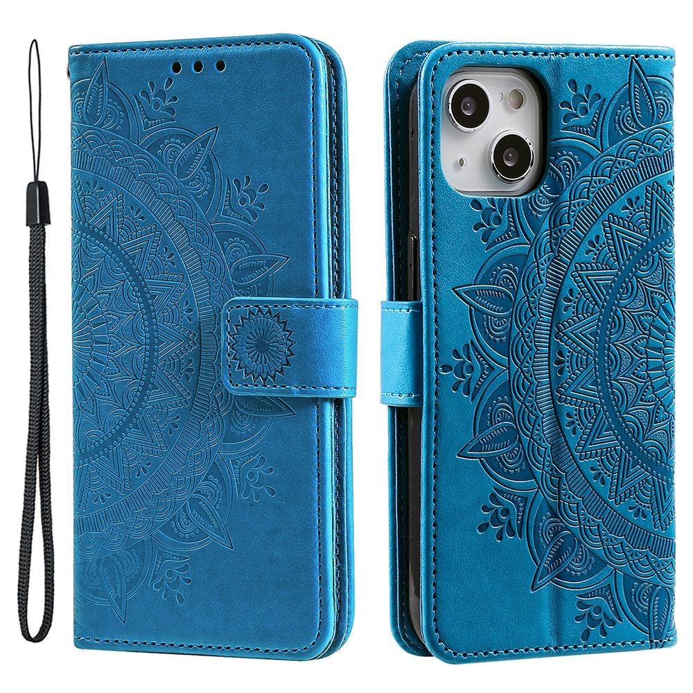 iPhone 15 Leder Tasche Wallet - Mandala Flowers Imprint - Blau