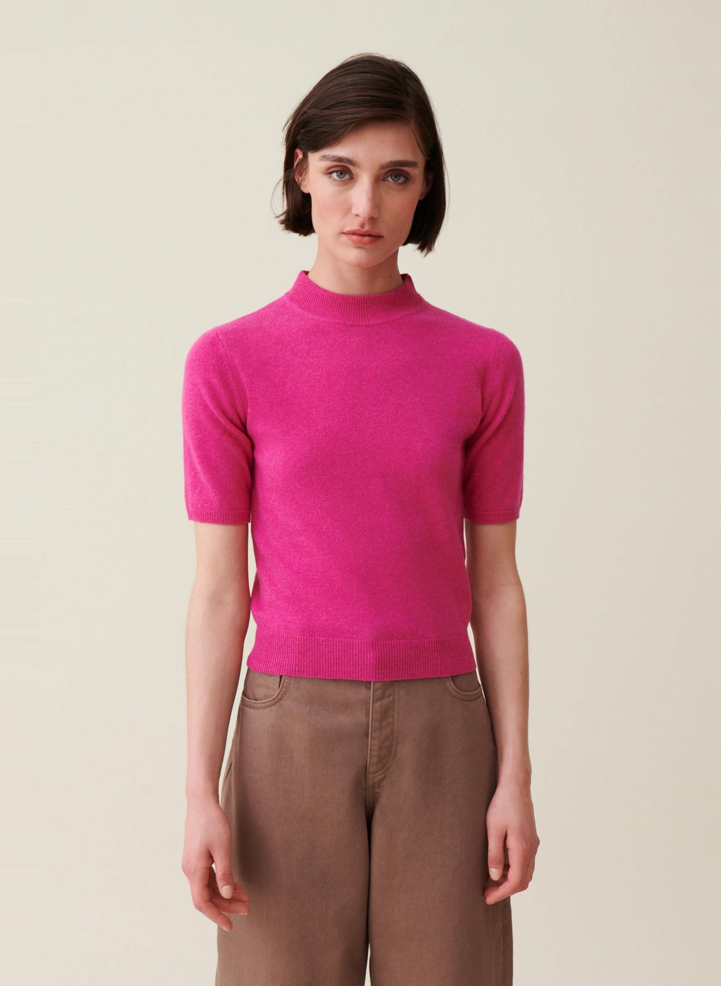 Pull manches courtes en laine | Rose