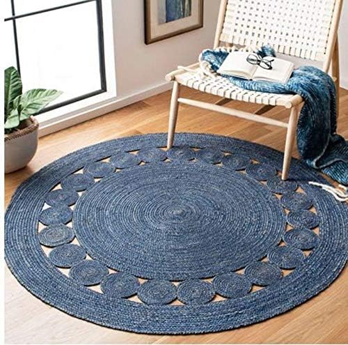 Teppich, Jute, natürliches Kreis-Design, rund, handgefertigt, geflochten, wendbar, 150 x 150 cm, Blau