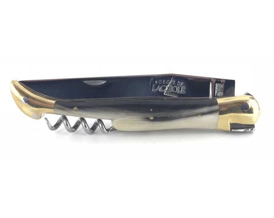 Laguiole Tradition 12 cm - 2 mitres Laiton - 3 pièces - Ponte de Corne - Acier T12 Couteau de Poche Forge de Laguiole
