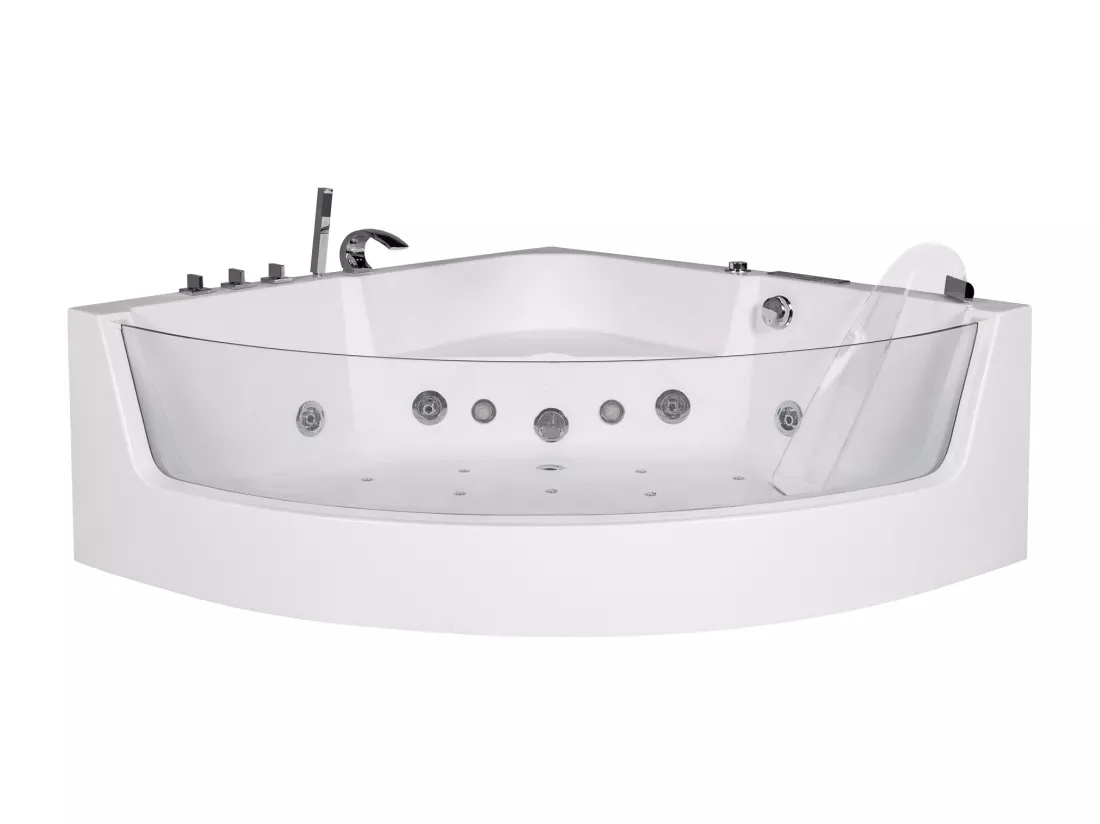 Baignoire balnéo d'angle vitrée ETHRA - 1 place - 255 L - 150*150*57cm - Blanche