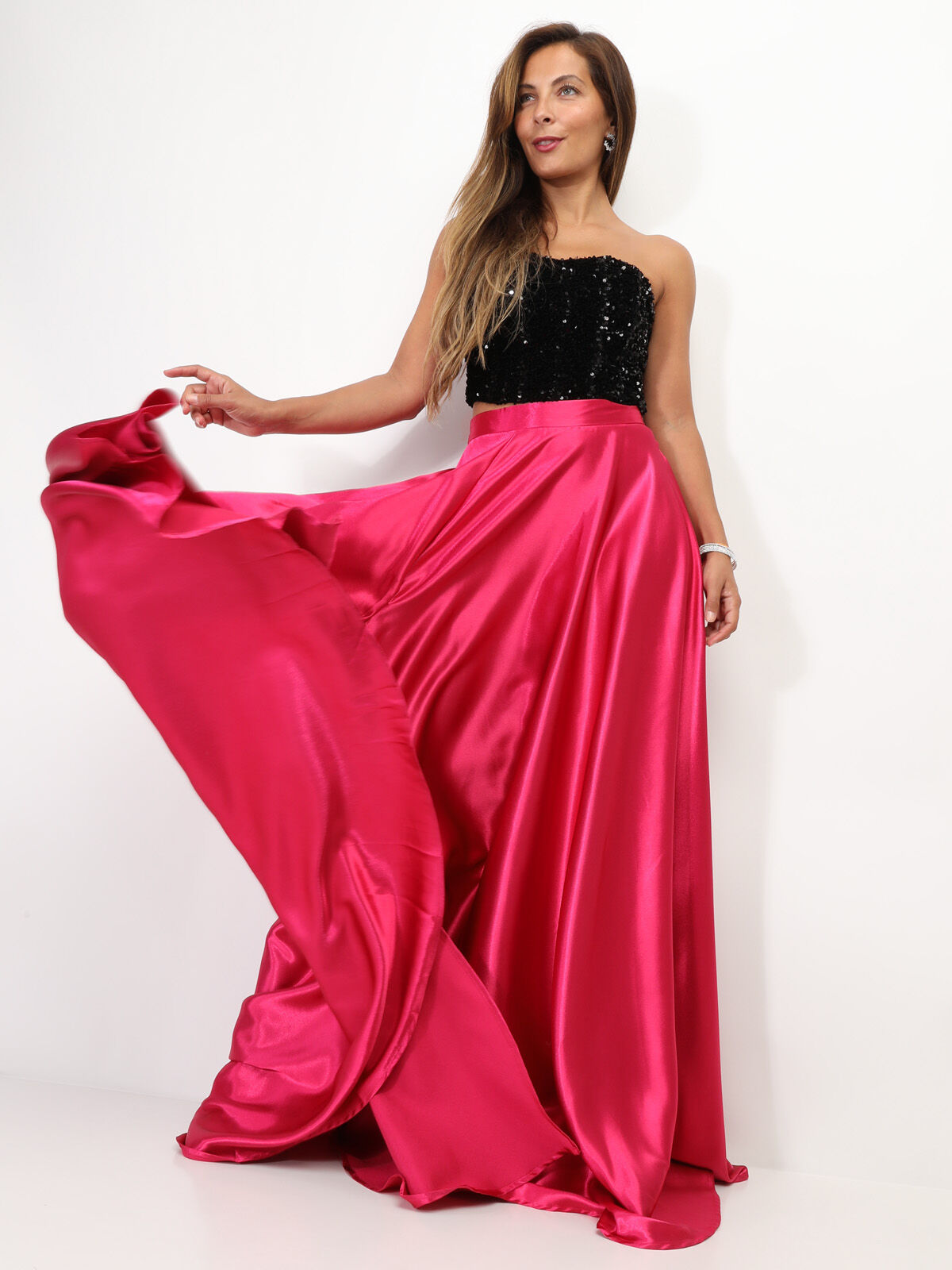 Jupe longue taille haute effet satiné- Fuchsia