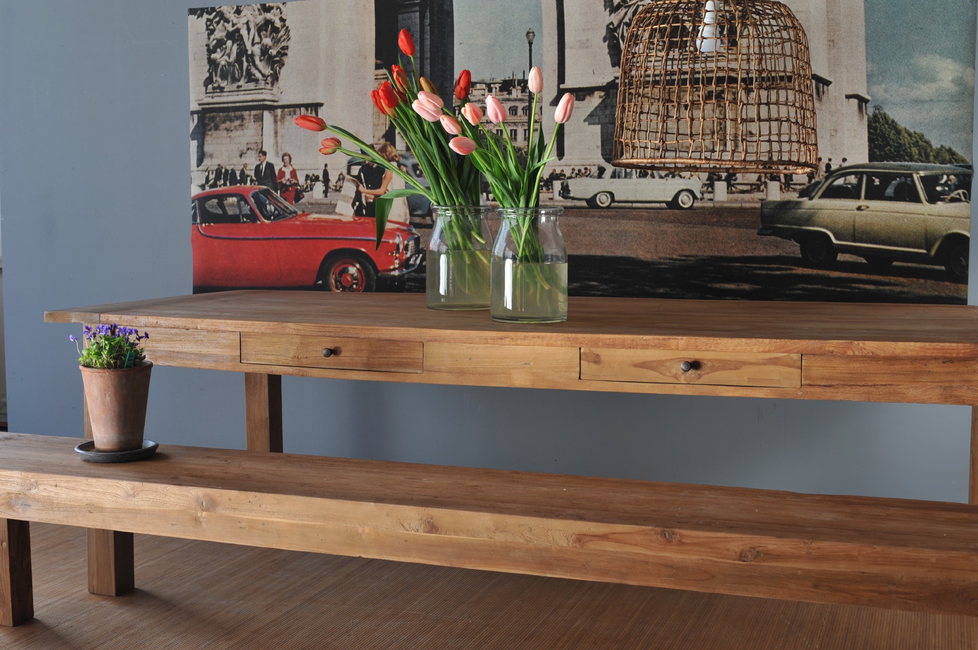 Holztisch aus recyceltem Teak mit 4 Schubladen, natur, L 300 cm, B 110 cm, H 79 cm von fischer's lagerhaus