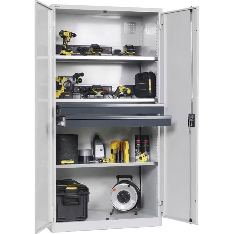 LISTA - Armoire charge batterie H 195 x L 100 x P 58 cm - 2 rampes électriques de 5 prises (230V) sur la paroi latérale