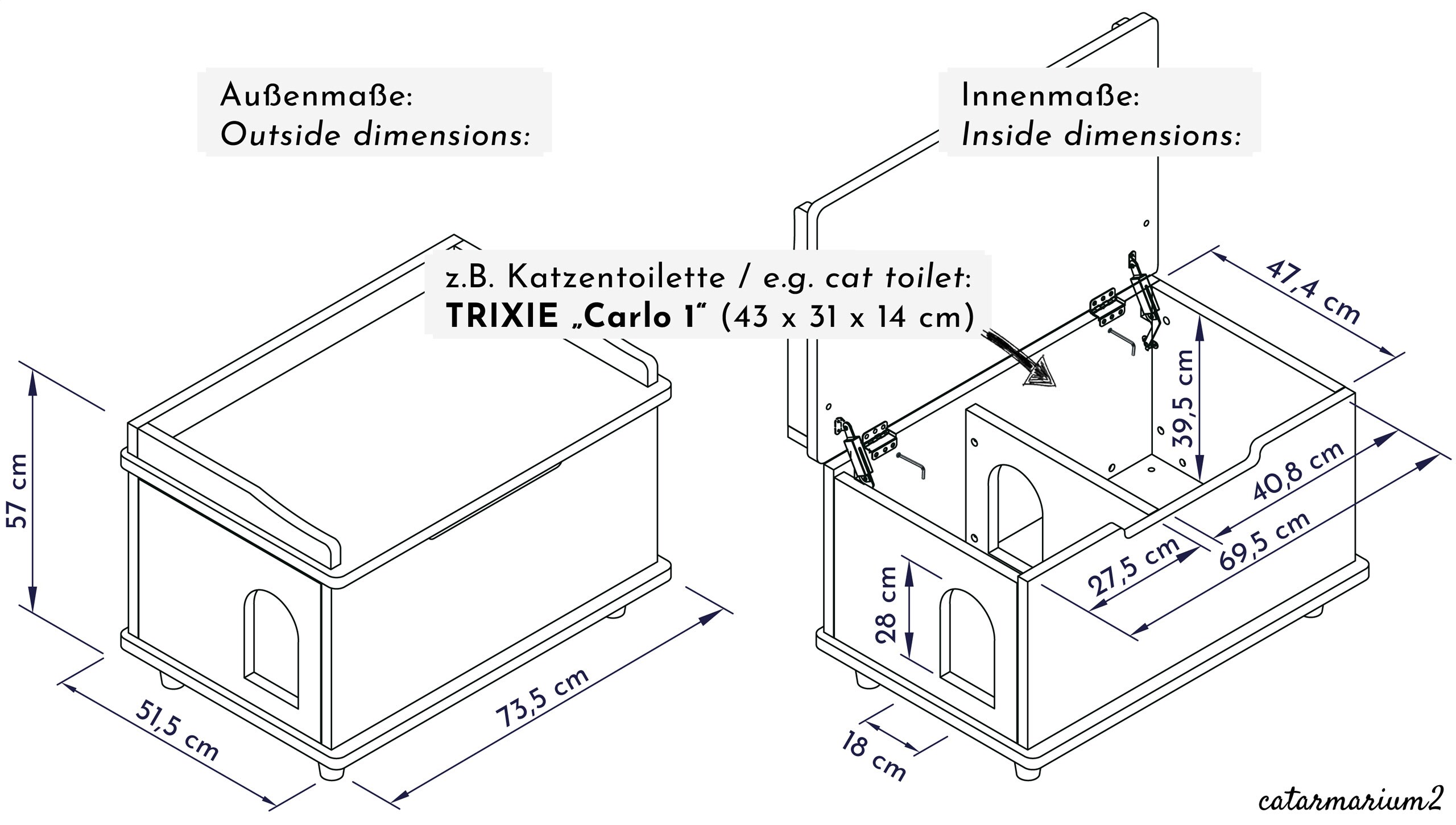 WONDERMAKE® Katzenschrank für Katzentoilette groß aus Holz, Katzenklo-Schrank Kommode XL, Design Katzen-Haus Toilette Klo Waschbecken-Unterschrank für Bad, 73,5 x 51,5 x 57 cm, weiß