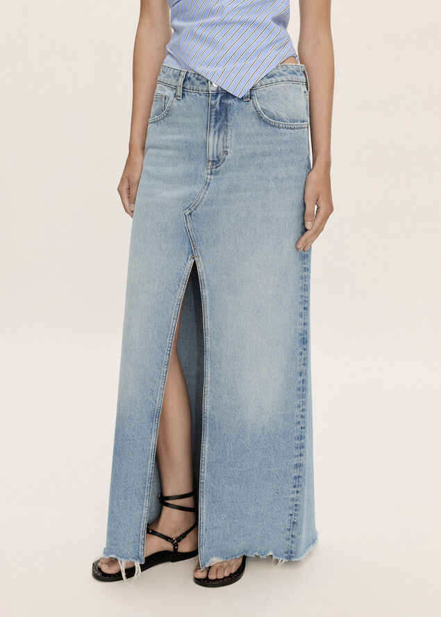MANGO Denim skirt with frayed hem Open blue