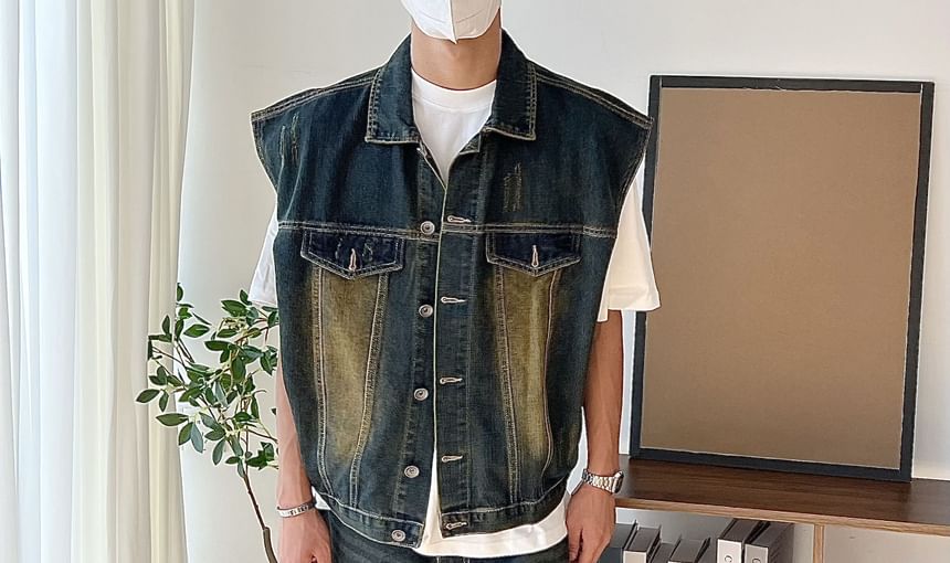 WidoWilder - Gewassen denim vest met kraag en knopen / Mid-rise gewassen denim shorts