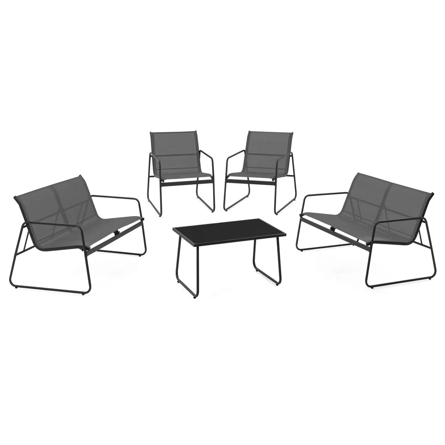 Salon de jardin bas MALAGA 6 places avec canapés, fauteuils et table gris anthracite