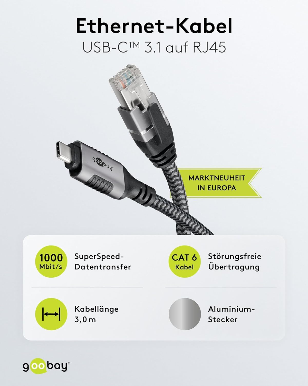 (3m) USB C auf CAT 6 Ethernet LAN RJ45 Netzwerk Kabel Patchkabel FTP (70699) - Grau