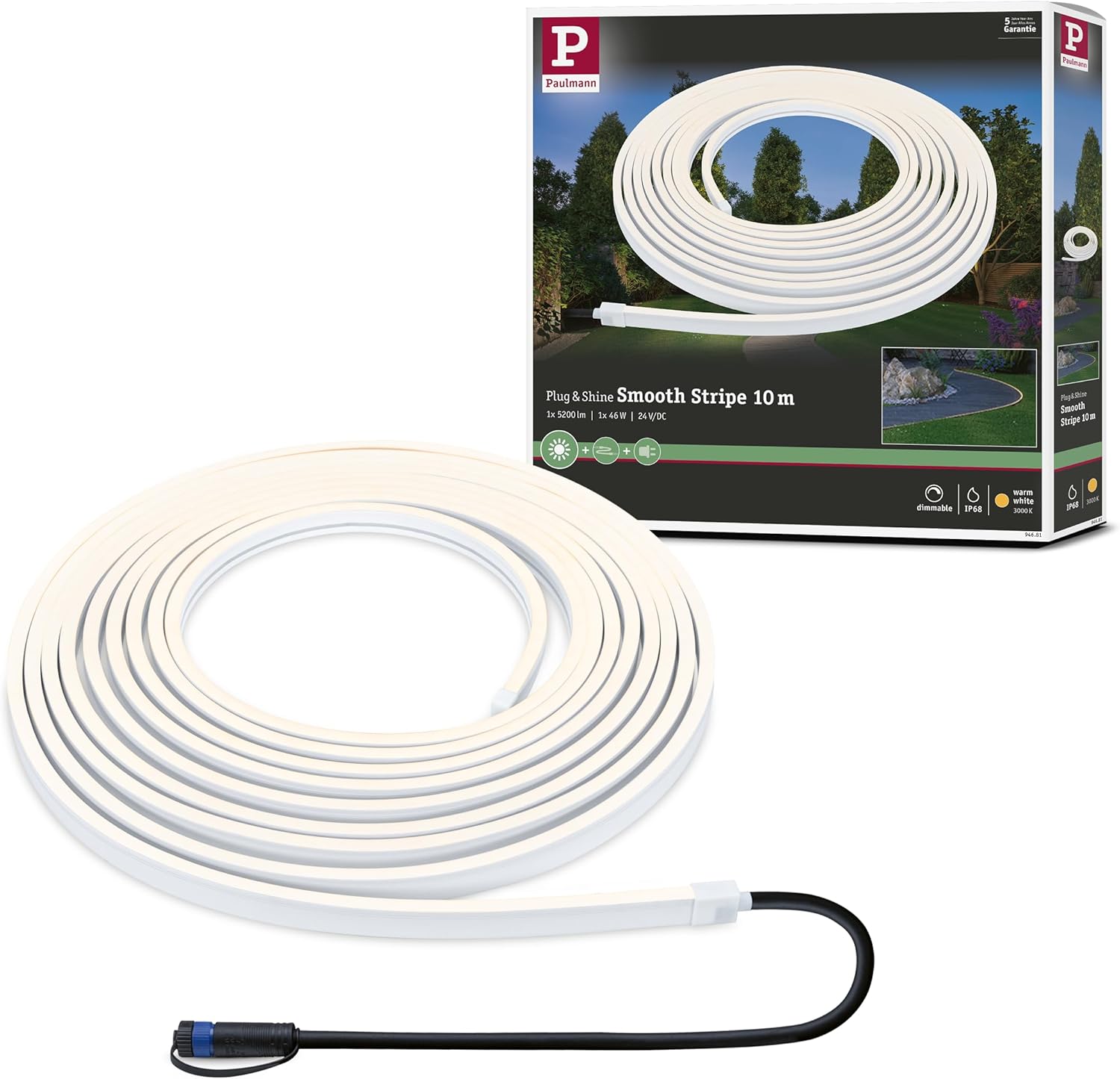 Paulmann 94681 Plug & Shine LED Außenleuchte Stripe Smooth IP68 1m incl. 1x11 W dimmbar Weiß Kunststoff 3000 K