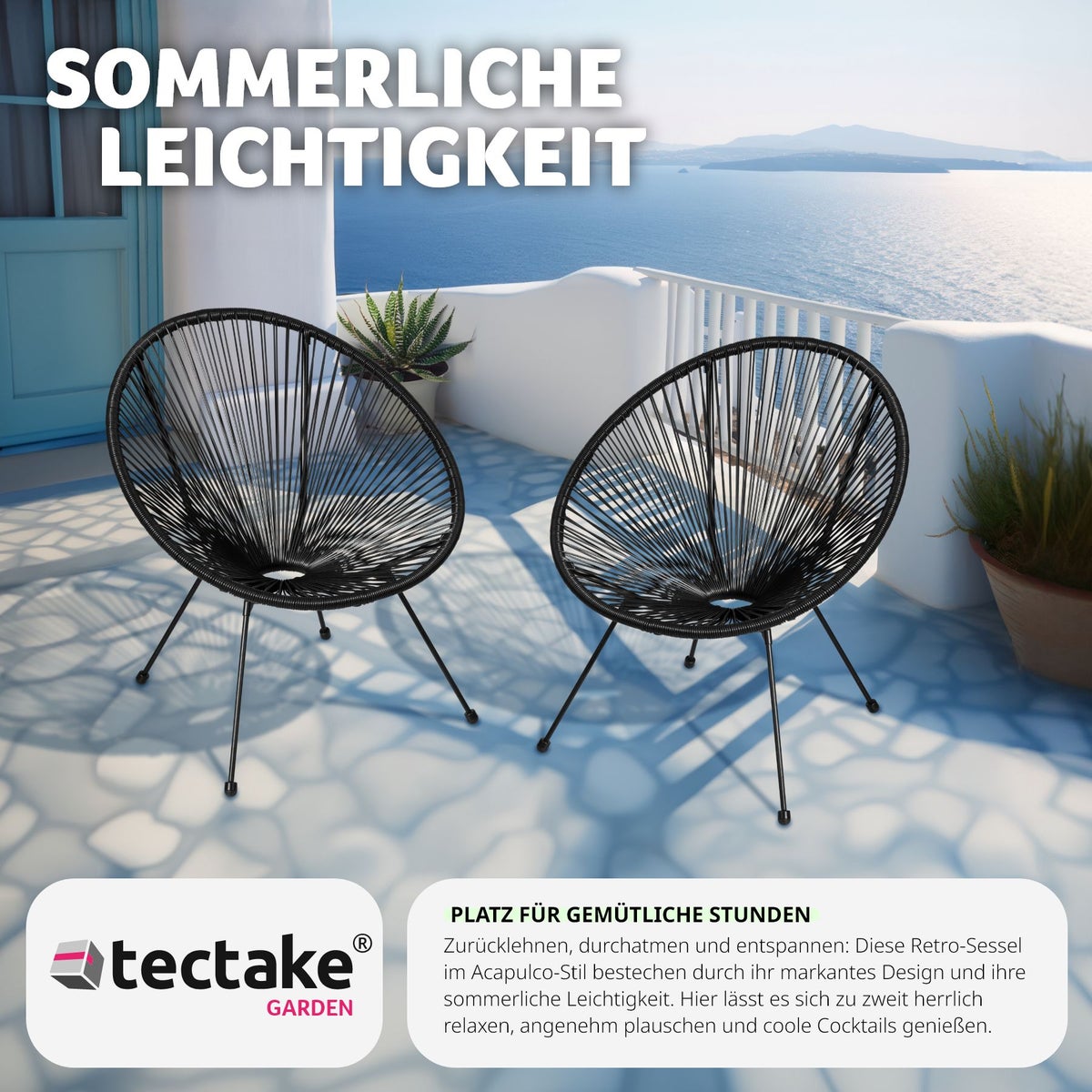 Set van 2 tuinstoelen tectake Santana, retrodesign in Acapulco-stijl, draagvermogen 120 kg, 70,5 x 69 x 78 cm