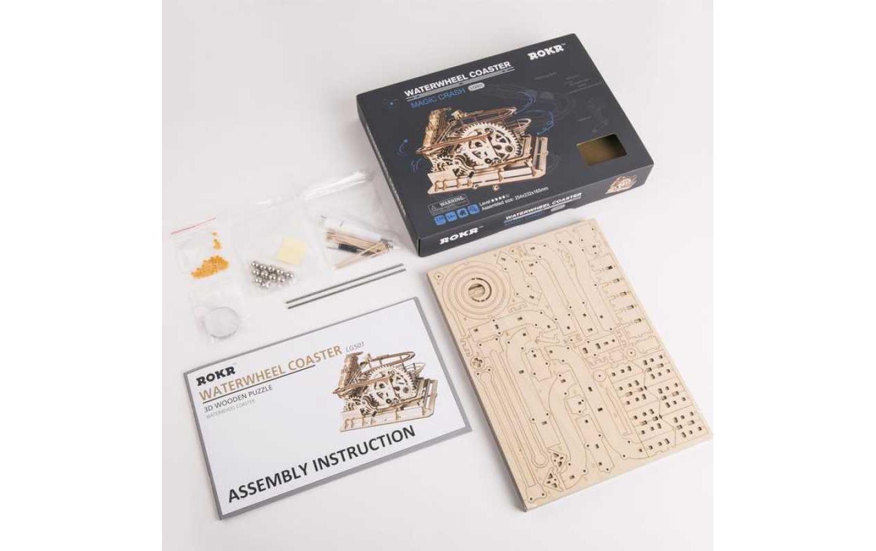 Bausatz Murmelbahn mit Kurbelantrieb3D-Puzzle aus lasergeschnittenen Holzteilen
