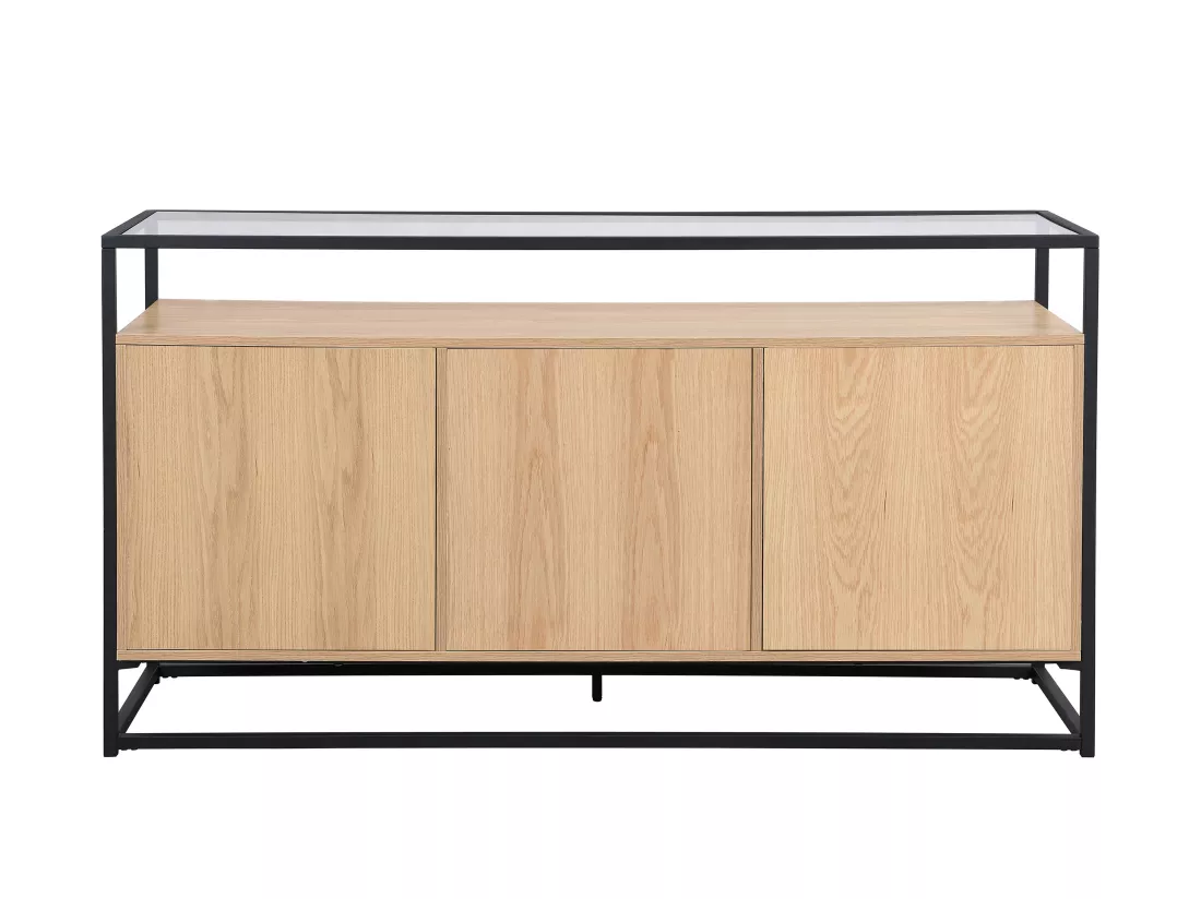 Buffet avec 3 portes en MDF, verre trempé et métal - Naturel clair - CAMATA