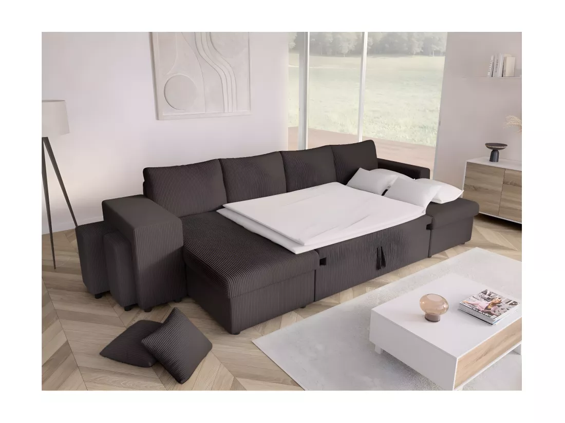 Canapé panoramique Oslo convertible avec 2 coffres, 2 poufs à gauche en velours côtelé Gris anthracite - L311 x P146 x H81cm - Loungitude