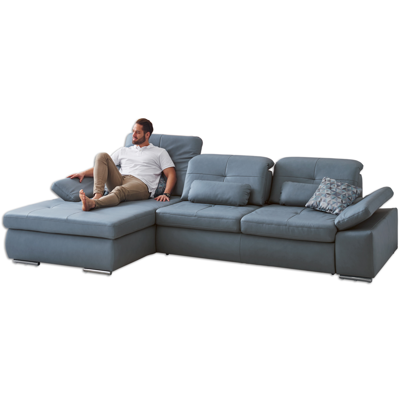 polsterpower Ledersofa - blau - Basismodell - Ottomane links