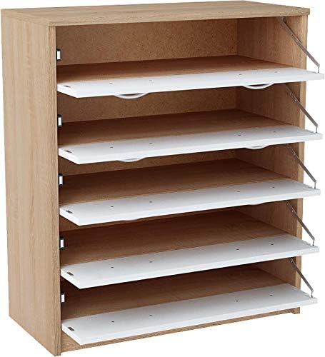 MATKAM Schuhschrank 5S in moderner Optik, B 74 x H 85 x T 35 cm, laminierte Möbelplatte 16 mm, mit Rückwand, 5 ausklappbare Schuhablagen, Jede mit Zwei Griffen zum Aufmachen (Sonoma Eiche – Weiß)