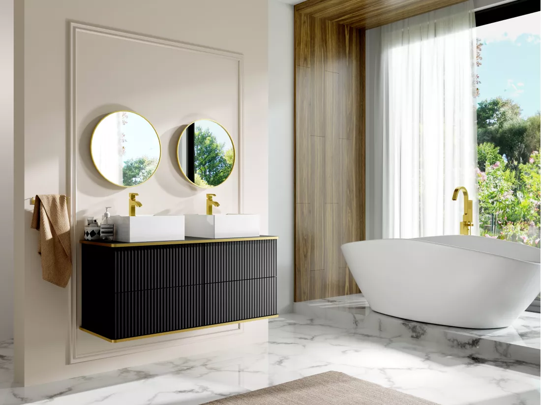 Meuble sous vasque suspendu strié liseré doré - Noir - 120 cm - KELIZA